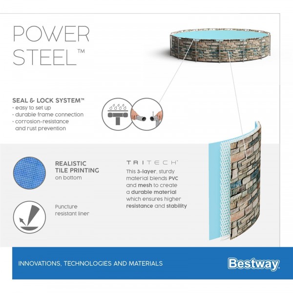 Bestway 56966 BW Каркасный бассейн Power Steel 488x122см "Камень" 19480л, фил.-нас. 5678л/ч, лестн., тент, попл.-доз.